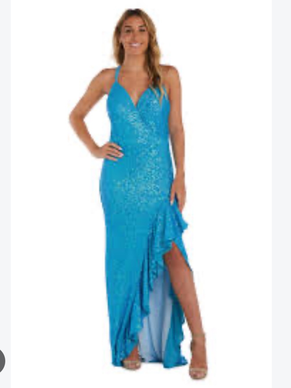 Morgan & Co. Turquoise Sequin High-Low Evening Gown